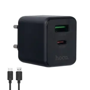 Сетевое зарядное устройство C157A HOCO с кабелем USB на Type-C PD30W + USB QC3.0 черное