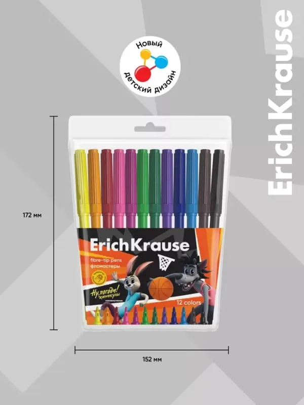 Фломастеры ErichKrause &laquo;Ну, Погоди! Каникулы&raquo;, 12 цветов, на водной основе, яркие цвета, вентилируемый колпачок