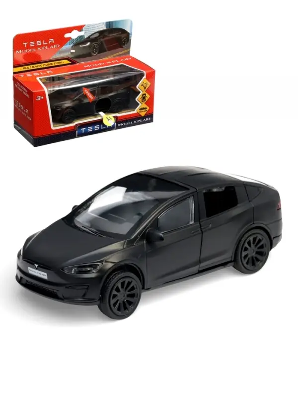 Машина металлическая Tesla Model X Plaid, 12 см, свет и звук, открываются двери, инерция, черная матовая