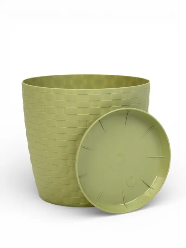 Горшок для цветов с поддоном &laquo;Ротанг&raquo;, 2 л, d=15 см, h=14 см, пластиковый, оливковый