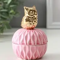 Шкатулка для украшений с крышкой &laquo;Золотой филин&raquo;, керамика, розовая, 8&times;8&times;12 см