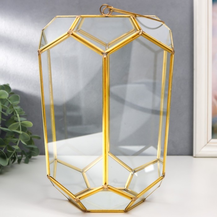 Подсвечник-ваза стекло металл на 1 свечу "Пятиугольные грани" золото, с ручкой 26х18х20 см