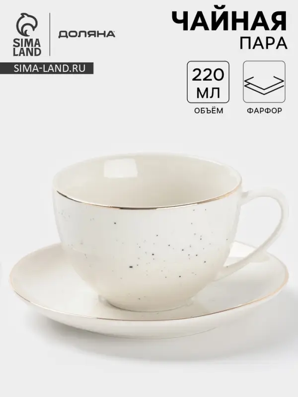 Чайная пара Доляна &laquo;Млечный путь&raquo;, 2 предмета: чашка 220 мл, блюдце d=13.5 см, фарфор, белая в крапинку