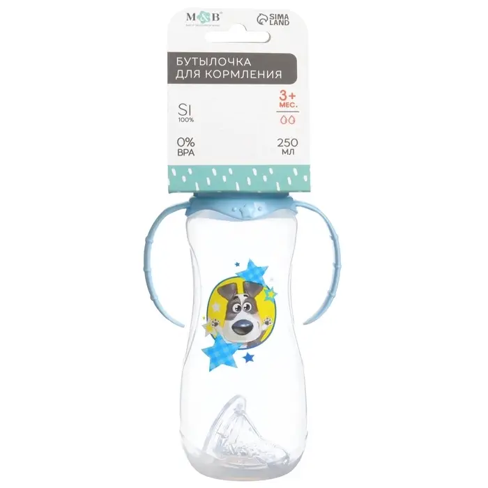 Бутылочка для кормления «Собачка Джекки», классическое горло, приталенная, с ручками, 250 мл., от 3 мес., цвет голубой