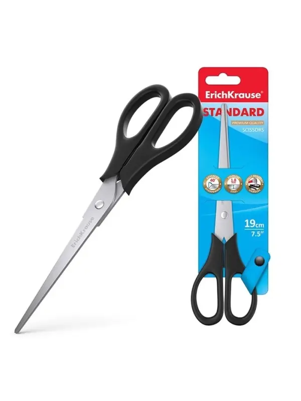 Ножницы ErichKrause Standard, 19 см, двойная заточка, нержавеющие лезвия, ударопрочный пластик, блистер, чёрные