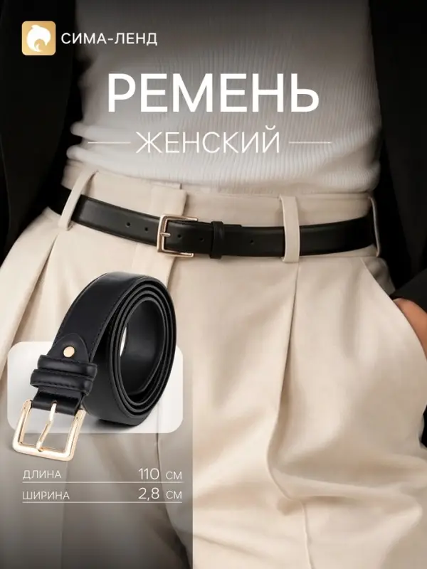 Ремень женский, кожаный, 2.8 см, 110 см, с винтом, пряжка золотистая, чёрный