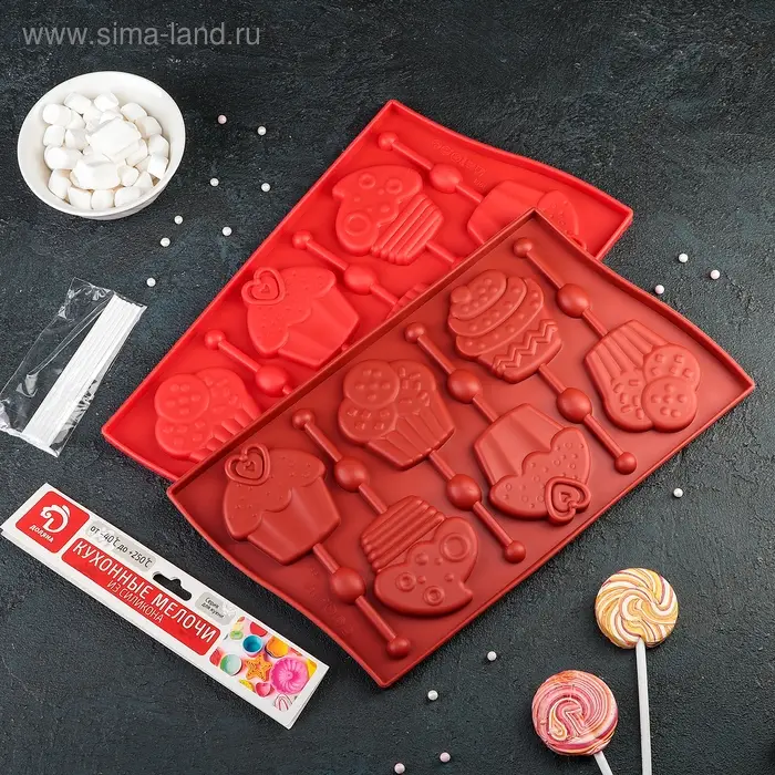 Форма для леденцов Доляна &laquo;Капкейк&raquo;, силикон, 27.5&times;16.5 см, 6 ячеек (6&times;7 см), с палочками, МИКС