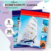 Тетради 5 штук, 36 листов в клетку Calligrata &laquo;Яхты&raquo;, обложка мелованный картон, блок №2, белизна 75% (серые листы)