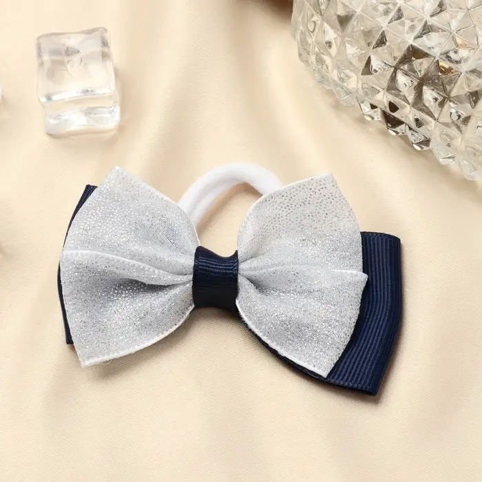 Резинка для волос бант «Школьница», сияние двойной блеск, 8×4 см, сине-белая