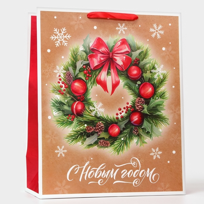 Новый год. Пакет ламинированный вертикальный Новый год. Пакет ламинированный вертикальный "Венок", XL 40 × 49 × 19 см.