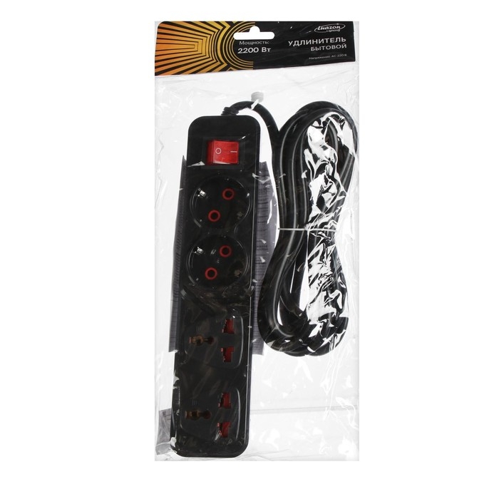 Удлинитель Luazon Lighting, 2 евро+2 унив.роз., 3 м, 2200 Вт, 2х0.5 мм2, с выкл.,черный Удлинитель Luazon Lighting, 2 евро+2 унив.роз., 3 м, 2200 Вт, 2х0.5 мм2, с выкл.,черный