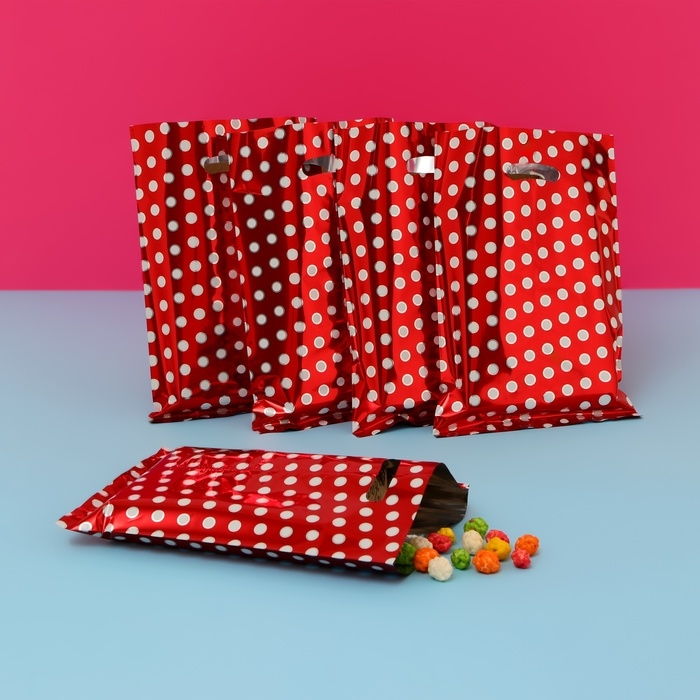 Набор подарочных пакетов, металлизированныей, Набор подарочных пакетов, металлизированныей, "Горох" красный 17х25 см , 20 микрон 10 шт набор