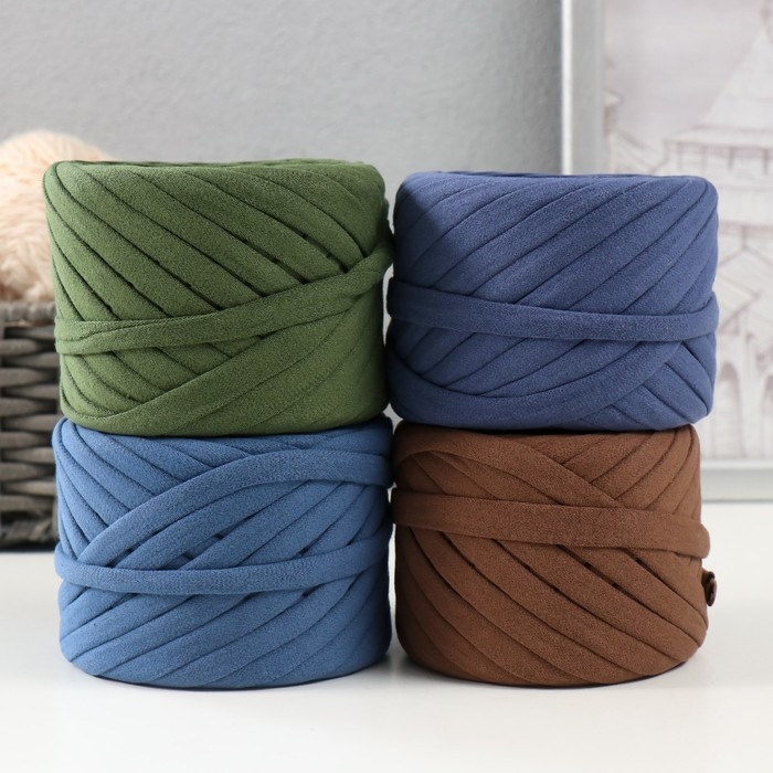 Трикотажная пряжа набор №12,4х30 м/100 гр,ширина 7-9 мм (серо-голуб,джинс,олива,свет олива) Трикотажная пряжа набор №12,4х30 м/100 гр,ширина 7-9 мм (серо-голуб,джинс,олива,свет олива)