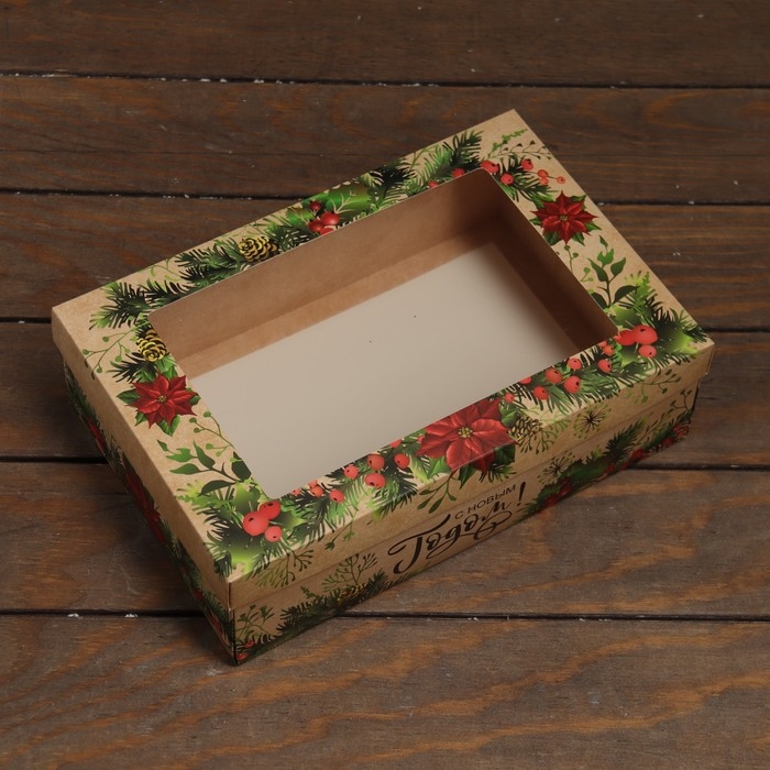 Новый год. Коробка подарочная новогодняя складная, крышка-дно , с окном Новый год. Коробка подарочная новогодняя складная, крышка-дно , с окном "С Новым Годом и новым счастьем" 30 х 20 х 9 см