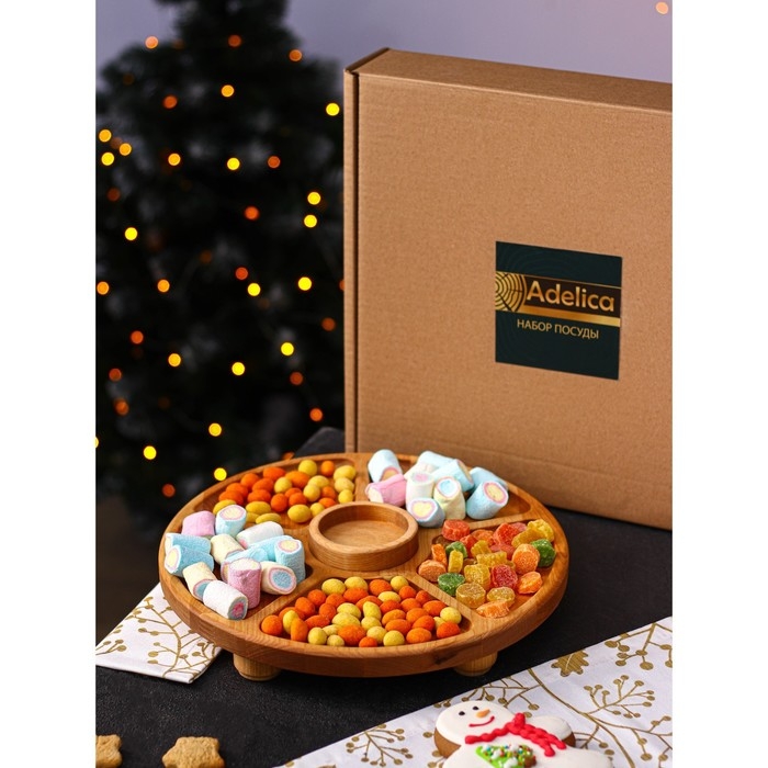 Подарочный набор деревянной посуды Adelica «Фортуна», менажница на ножках с соусницей, d=30 см, 70 мл, берёза Подарочный набор деревянной посуды Adelica «Фортуна», менажница на ножках с соусницей, d=30 см, 70 мл, берёза
