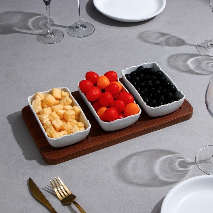 Менажница «Волна», 3 шт:400 мл, деревянное основание, фарфор, Иран Менажница «Волна», 3 шт:400 мл, деревянное основание, фарфор, Иран