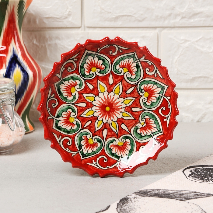 Тарелка Риштанская Керамика Тарелка Риштанская Керамика "Узоры", красная, 15 см, рифлёная
