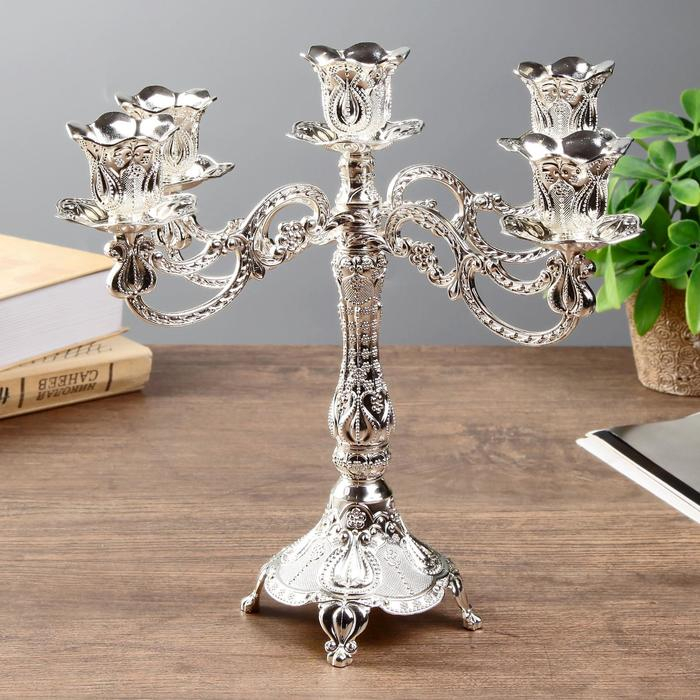 Подсвечник металл на 5 свечей  Подсвечник металл на 5 свечей "Узорный" цвет серебро 28х26х26 см