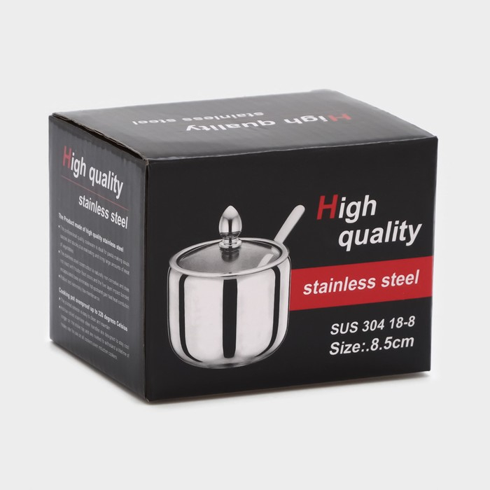 Сахарница из нержавеющей стали с крышкой и ложкой Доляна, 250 мл, 8,5×10 см, цвет серебряный Сахарница из нержавеющей стали с крышкой и ложкой Доляна, 250 мл, 8,5×10 см, цвет серебряный