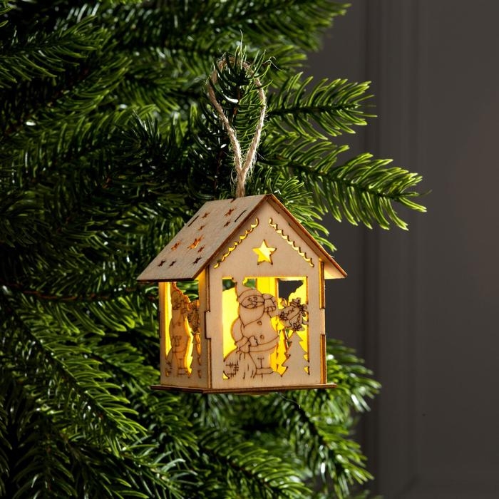 Ёлочная игрушка «Домик с Дедом Морозом и ёлкой», от батареек, свечение тёплое белое Ёлочная игрушка «Домик с Дедом Морозом и ёлкой», от батареек, свечение тёплое белое
