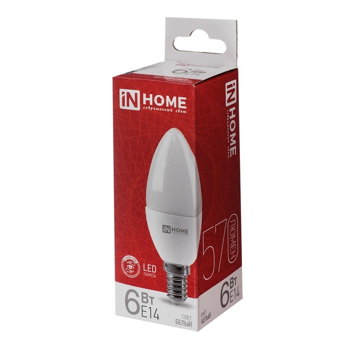 Лампа светодиодная IN HOME LED-СВЕЧА-VC, Е14, 6 Вт, 230 В, 4000 К, 570 Лм Лампа светодиодная IN HOME LED-СВЕЧА-VC, Е14, 6 Вт, 230 В, 4000 К, 570 Лм
