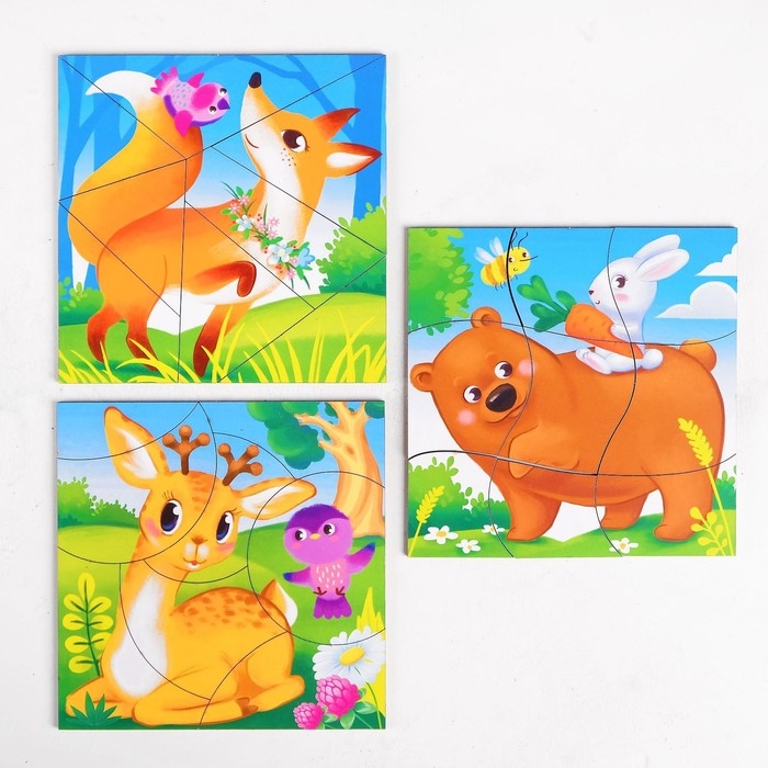 Пазл разрезной «Лесные животные», 3 картинки в раме Пазл разрезной «Лесные животные», 3 картинки в раме