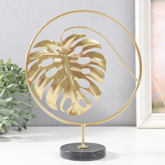 Сувенир металл, мрамор  Сувенир металл, мрамор "Круг с листом монстеры" золото, черный 20х7,5х25 см