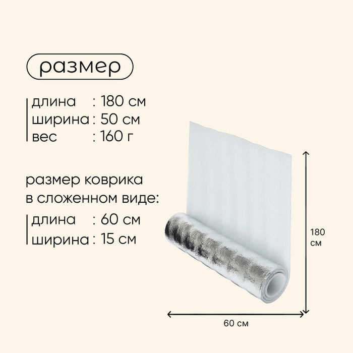 Коврик туристический maclay, с фольгой, 180х50х1 см, цвет белый Коврик туристический maclay, с фольгой, 180х50х1 см, цвет белый