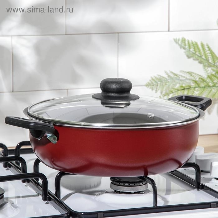 Жаровня-сковорода, 4 л, d=24 см, стеклянная крышка, пластмассовые ручки, антипригарное покрытие, цвет бордовый