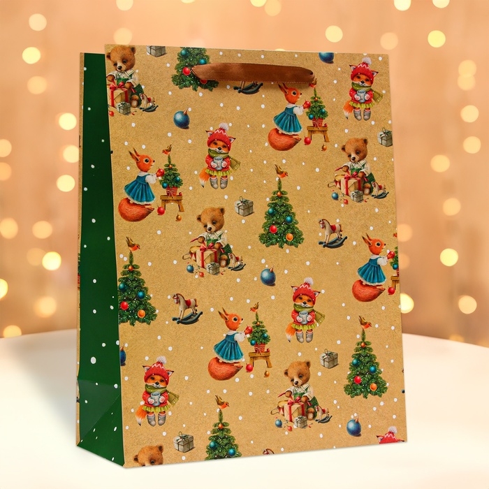 Новый год. Пакет подарочный "Зверята", 33 х 42,5 х 15см.