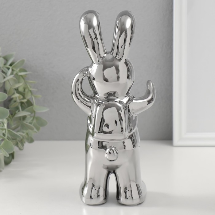 Сувенир керамика "Модный зайка" серебро 7х9,5х22 см