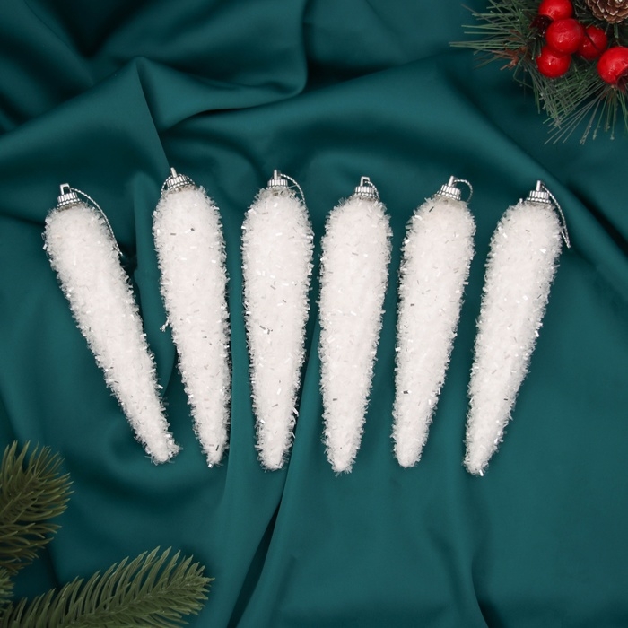 Украшение ёлочное Украшение ёлочное "Сосулька пушистая сияние" (набор 6 шт) 12,5х2.5 см, белый