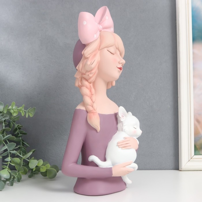 Сувенир полистоун Сувенир полистоун "Малышка с косой, бантом в горох, с котом" 36х12х15,5 см