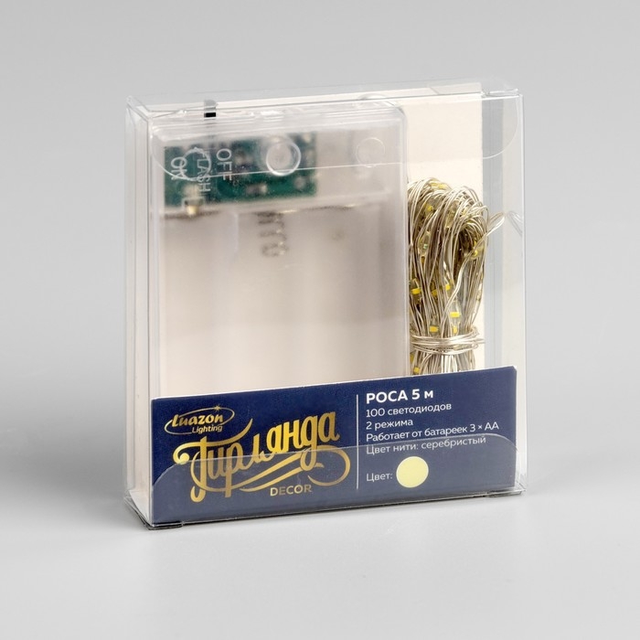 Гирлянда «Нить» 5 м роса, IP20, серебристая нить, 100 LED, 2 режима, батарейка AAх3 (не в комплекте), свечение тёплое белое Гирлянда «Нить» 5 м роса, IP20, серебристая нить, 100 LED, 2 режима, батарейка AAх3 (не в комплекте), свечение тёплое белое