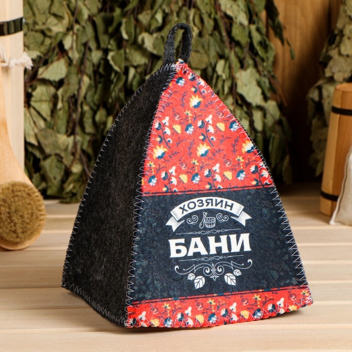 Шапка банная  Шапка банная "Классическая" серая с принтом "Хозяин бани" красно-черный