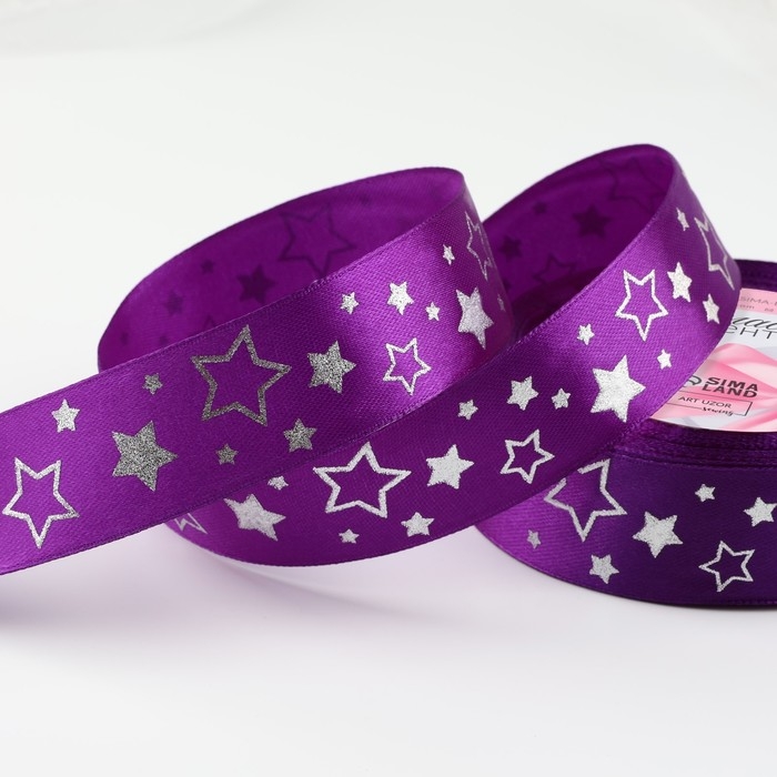 Лента атласная с тиснением «Звёзды», 25 мм × 18 ± 1 м, цвет фиолетовый/серебряный №145 Лента атласная с тиснением «Звёзды», 25 мм × 18 ± 1 м, цвет фиолетовый/серебряный №145