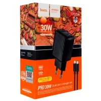 Сетевое зарядное устройство с кабелем Type-C на Type-C PD30W + USB QC3.0 CS23A  HOCO черное