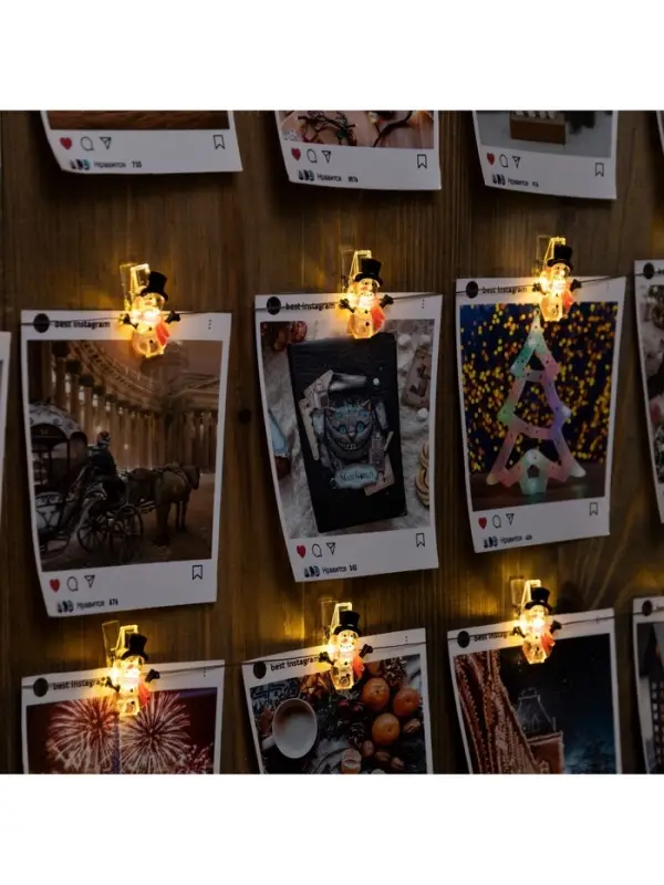 Гирлянда &laquo;Нить&raquo; 2 м, роса с насадками &laquo;Прищепки-снеговик&raquo;, IP20, серебристая нить, 20 LED, от батареек АА&times;2, свечение тёплое белое