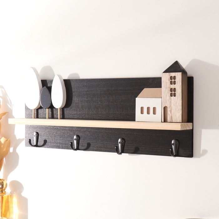 Крючки декоративные дерево с полочкой Крючки декоративные дерево с полочкой "Домики и деревья" чёрный 5х39,5х18 см