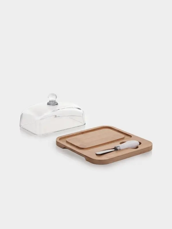 Маслёнка, 19&times;18&times;9.5 см, с ножом, на бамбуковой подставке, стекло, прозрачная