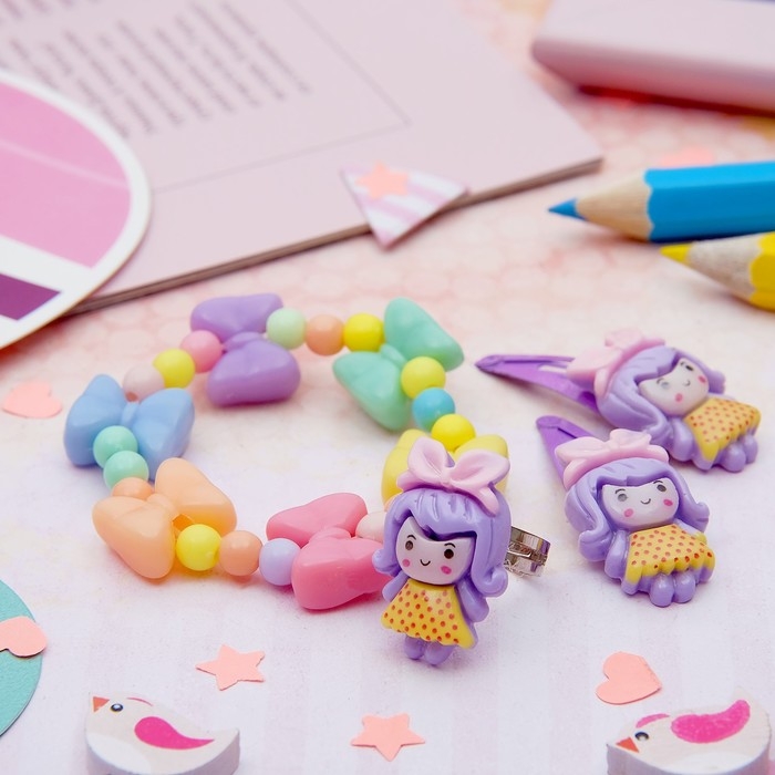 Набор детский «Выбражулька» 4 предмета: 2 заколки, браслет, кольцо «Бантики», цвет МИКС, форма МИКС Набор детский «Выбражулька» 4 предмета: 2 заколки, браслет, кольцо «Бантики», цвет МИКС, форма МИКС