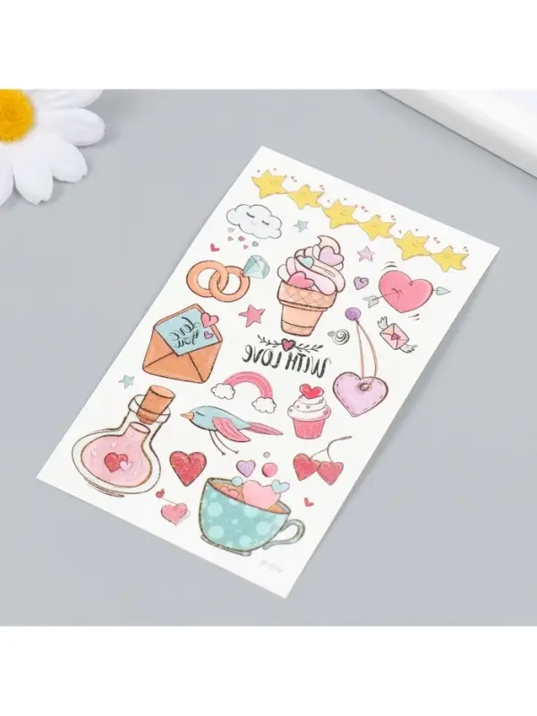 Переводные тату цветные «Письмо любви», временные татуировки с блёстками, 12×7.5 см