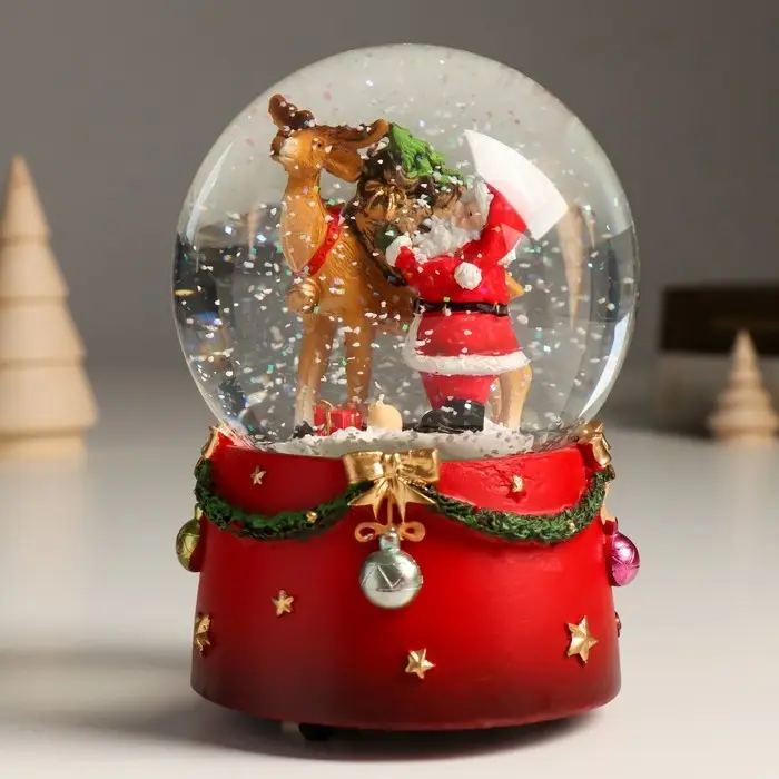 Сувенир полистоун водяной шар музыка механ. "Дед Мороз и северный олень" 11,5х11,5х14 см