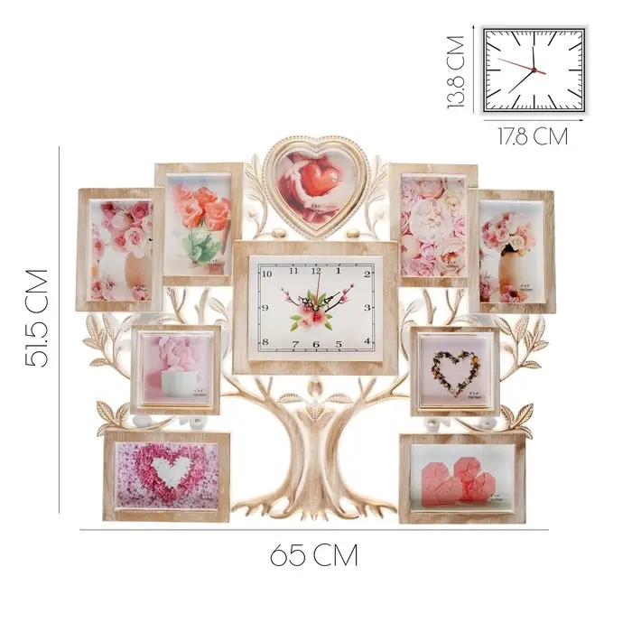 Фоторамка - коллаж на 9 фото с часами настенными &laquo;Семейное дерево&raquo;, бесшумные, 51.5&times;65 см