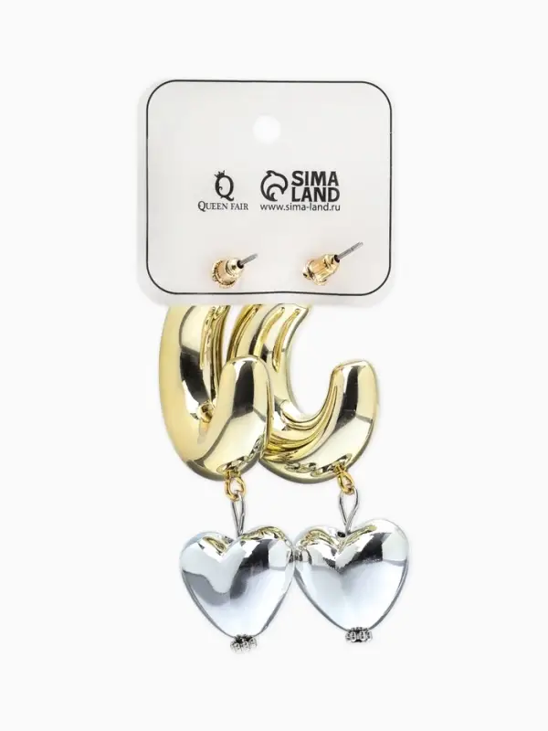 Серьги &laquo;Новый стиль. Сердечки&raquo;, d=3 см, цвет золото-серебристый
