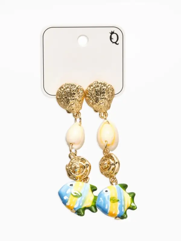 Серьги &laquo;Морской мир&raquo;, рыбы с ракушками, бело-зелёные в золоте