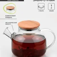 Чайник заварочный BellaTenero &laquo;Эко&raquo;, 1 л, с бамбуковой крышкой, с металлическим фильтром, боросиликатное стекло, прозрачный