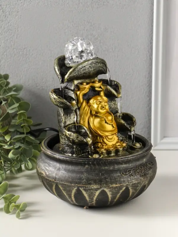 Фонтан настольный от сети, подсветка "Хотей с двумя слитками золота" 16х16х20 см