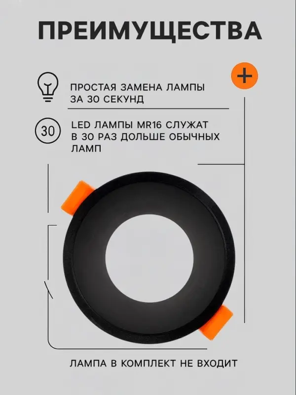 Светильник встраиваемый под лампу MR-16, круглый, пластиковый, чёрный