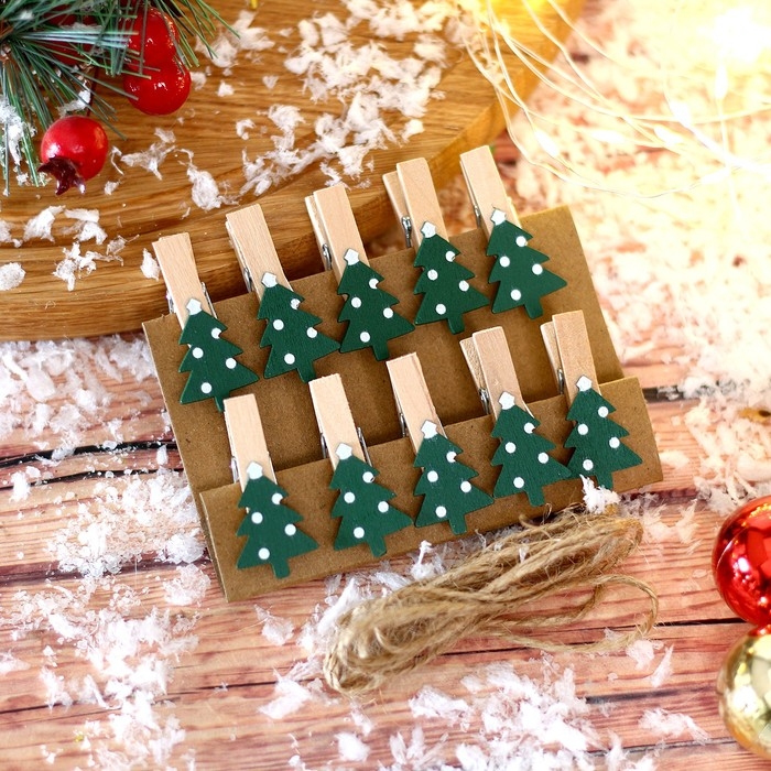 Новый год! Прищепки декоративные с верёвкой для подвеса &laquo;Ёлочки зелёные&raquo; набор 10 шт., 1,5 &times; 12 &times; 14 см